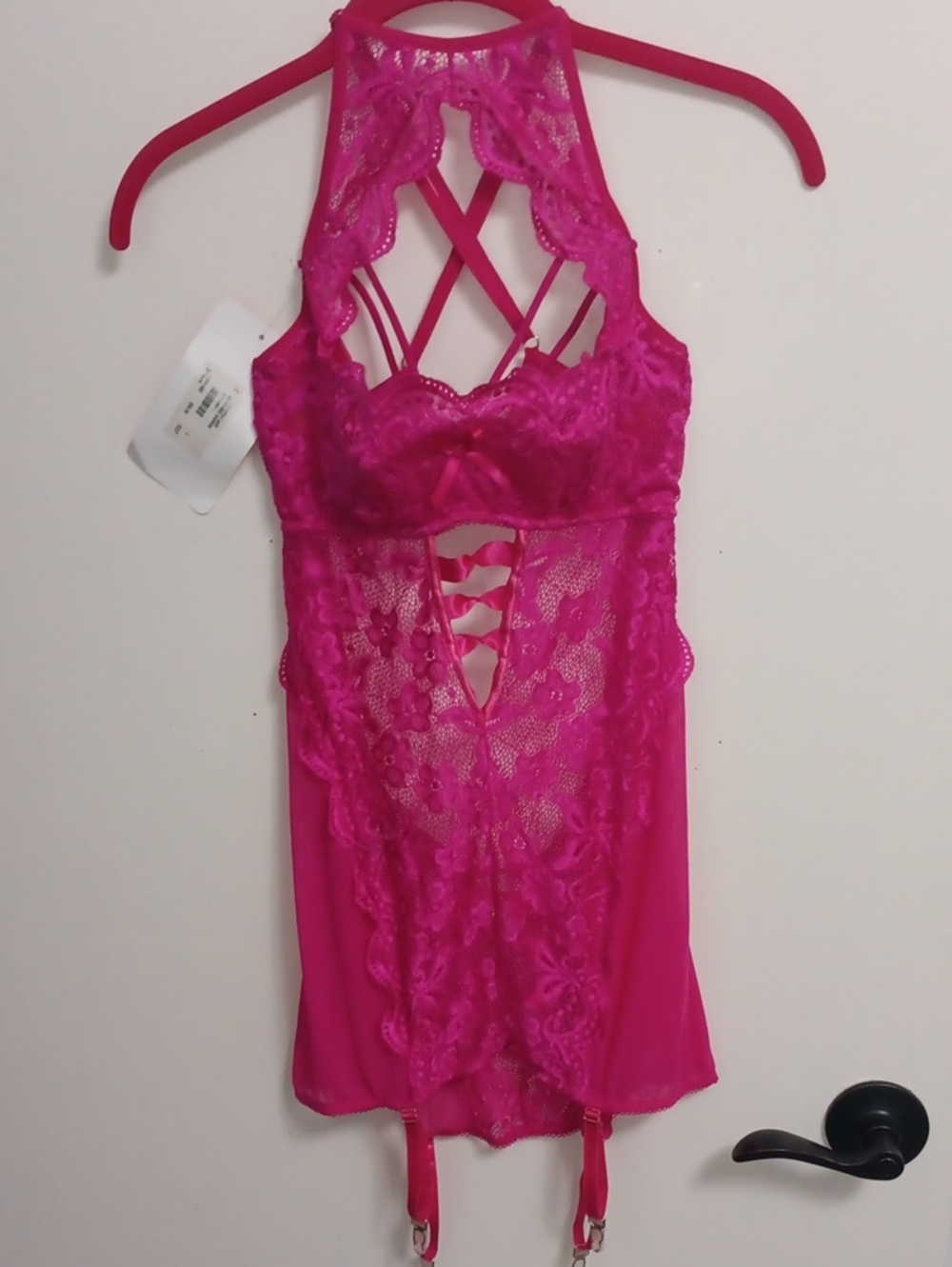 Shirley of Hollywood Hot Pink Lace Chemise with Garter Straps